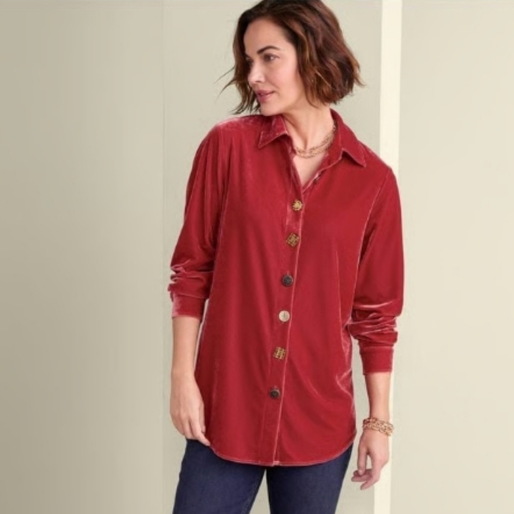 Soft Surroundings Womens Med Red Filigree Velvet Boyfriend Button Down Top #210